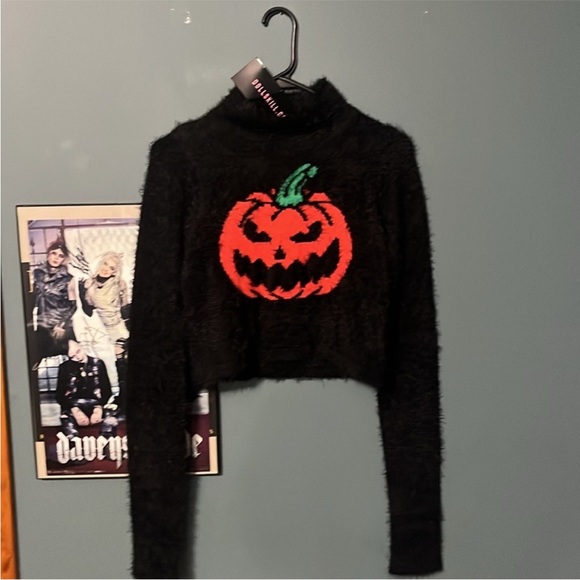 TRICKZ N TREATZ Dolls Kill Black Fuzzy Sweater with Orange Pumpkin - Picture 1 of 3